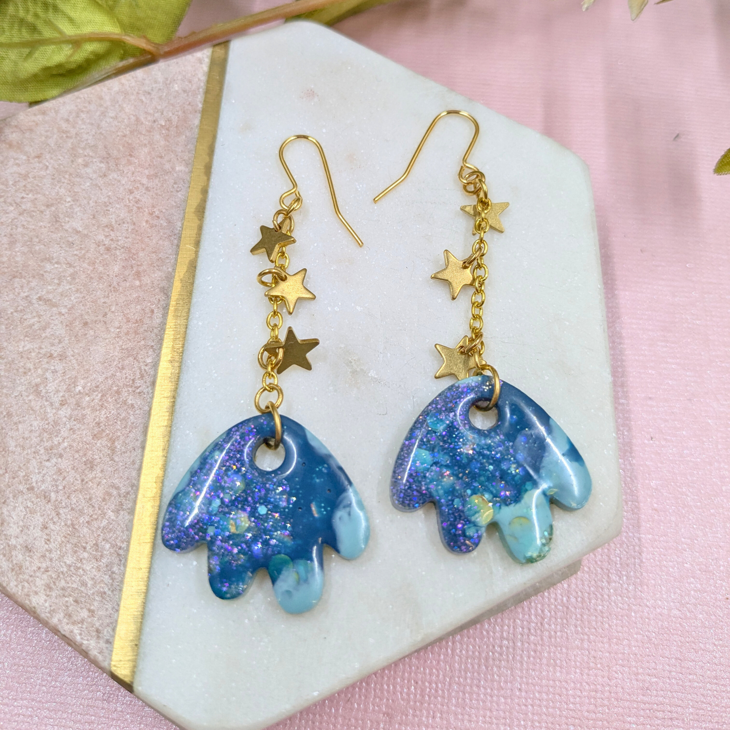 Tami Teal & Gold Resin Petal & Star Chain Dangle Earrings - Brass Charms - Handmade Yorkshire