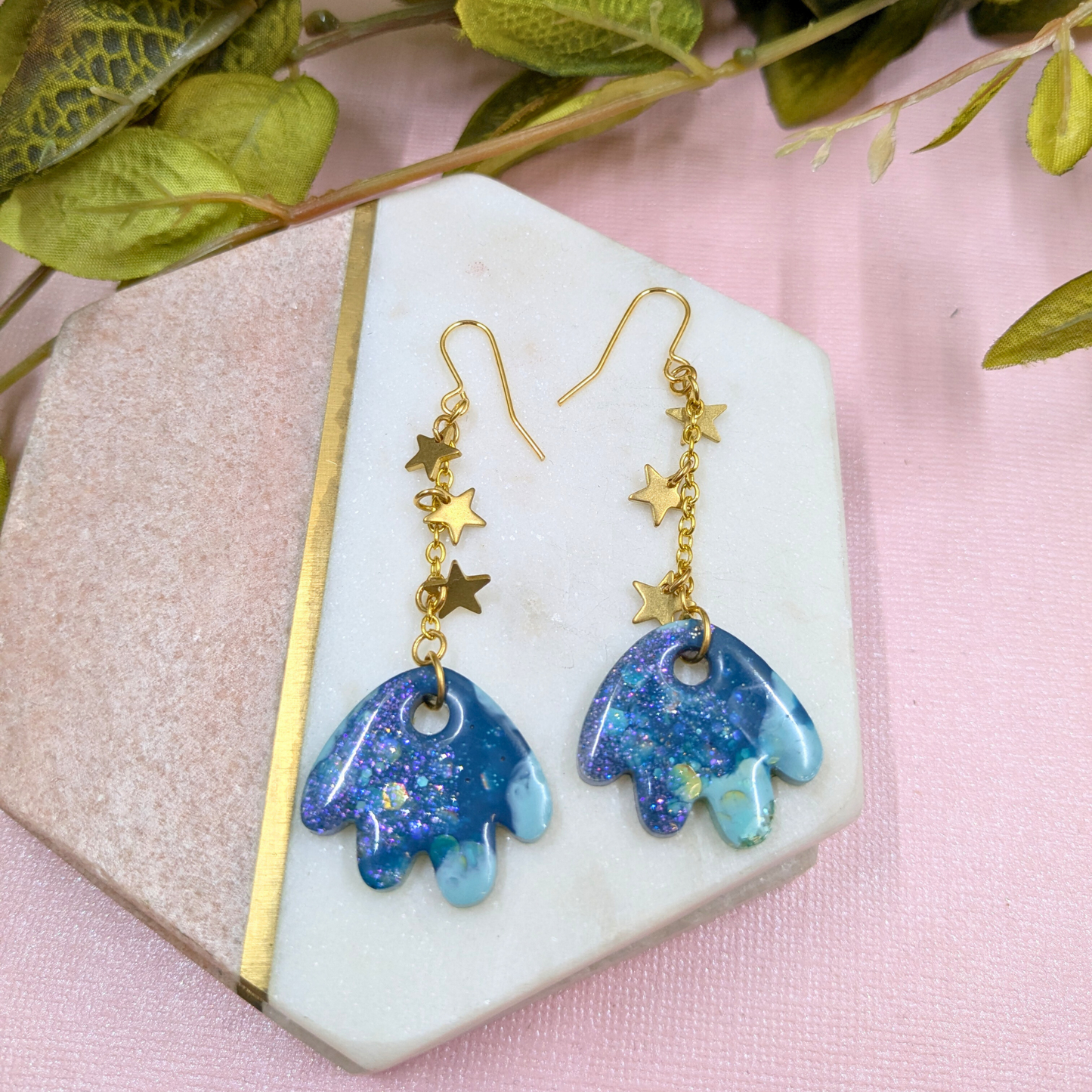 Tami Teal & Gold Resin Petal & Star Chain Dangle Earrings - Brass Charms - Handmade Yorkshire