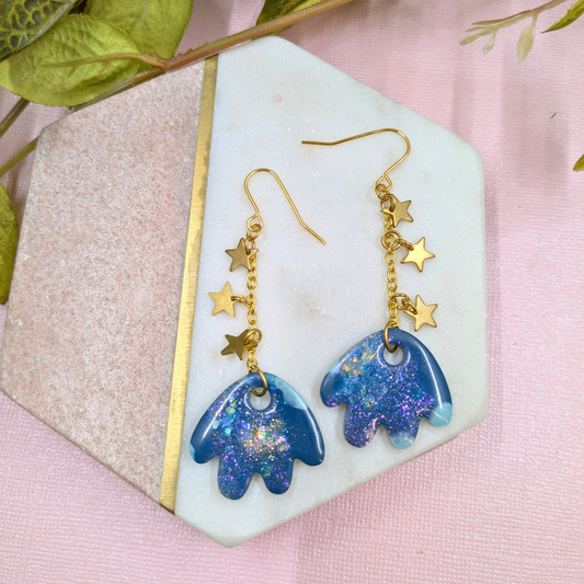 Tami Teal & Gold Resin Petal & Star Chain Dangle Earrings - Brass Charms - Handmade Yorkshire