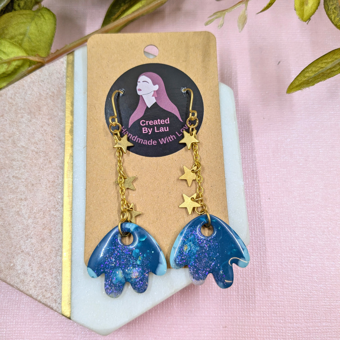 Tami Teal & Gold Resin Petal & Star Chain Dangle Earrings - Brass Charms - Handmade Yorkshire