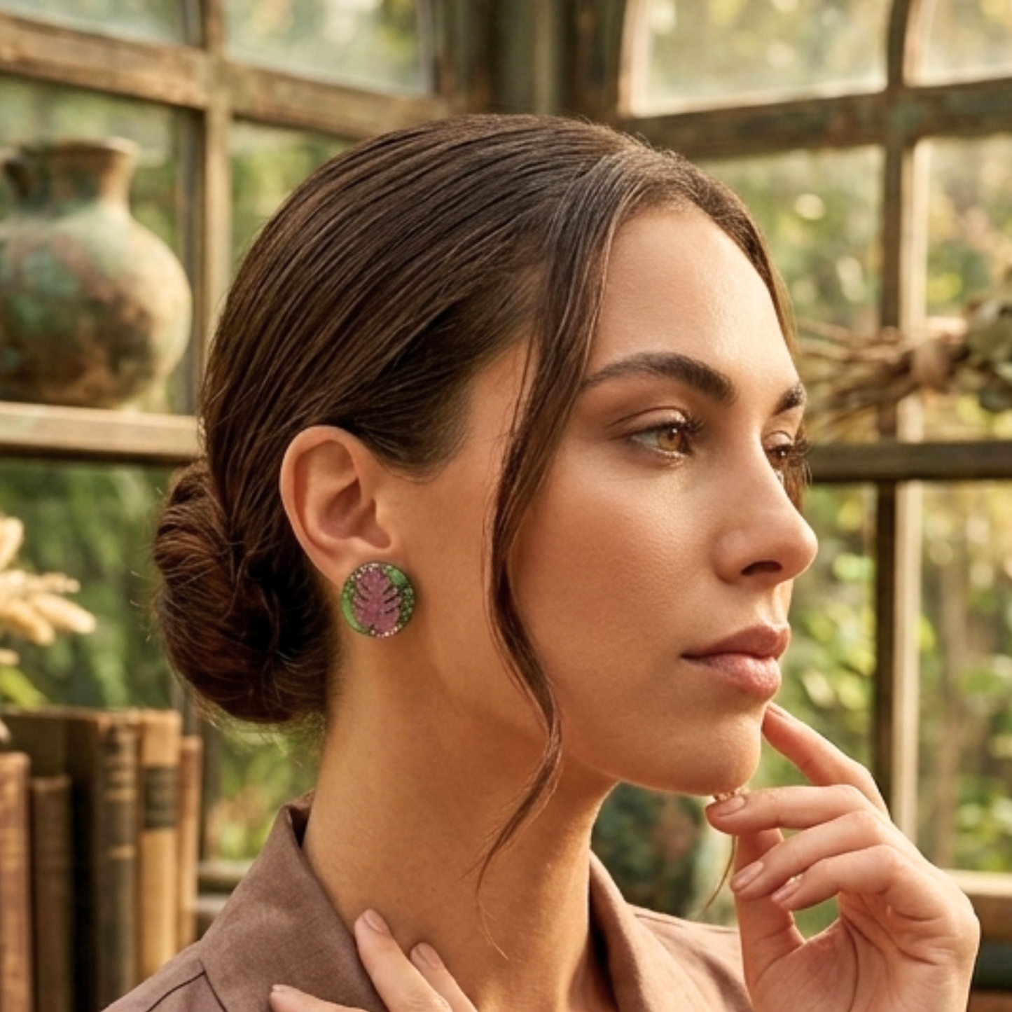 Tania Pink Monstera Green Glitter Resin Clip-On Earrings | Botanical Jewellery by Created By Lau