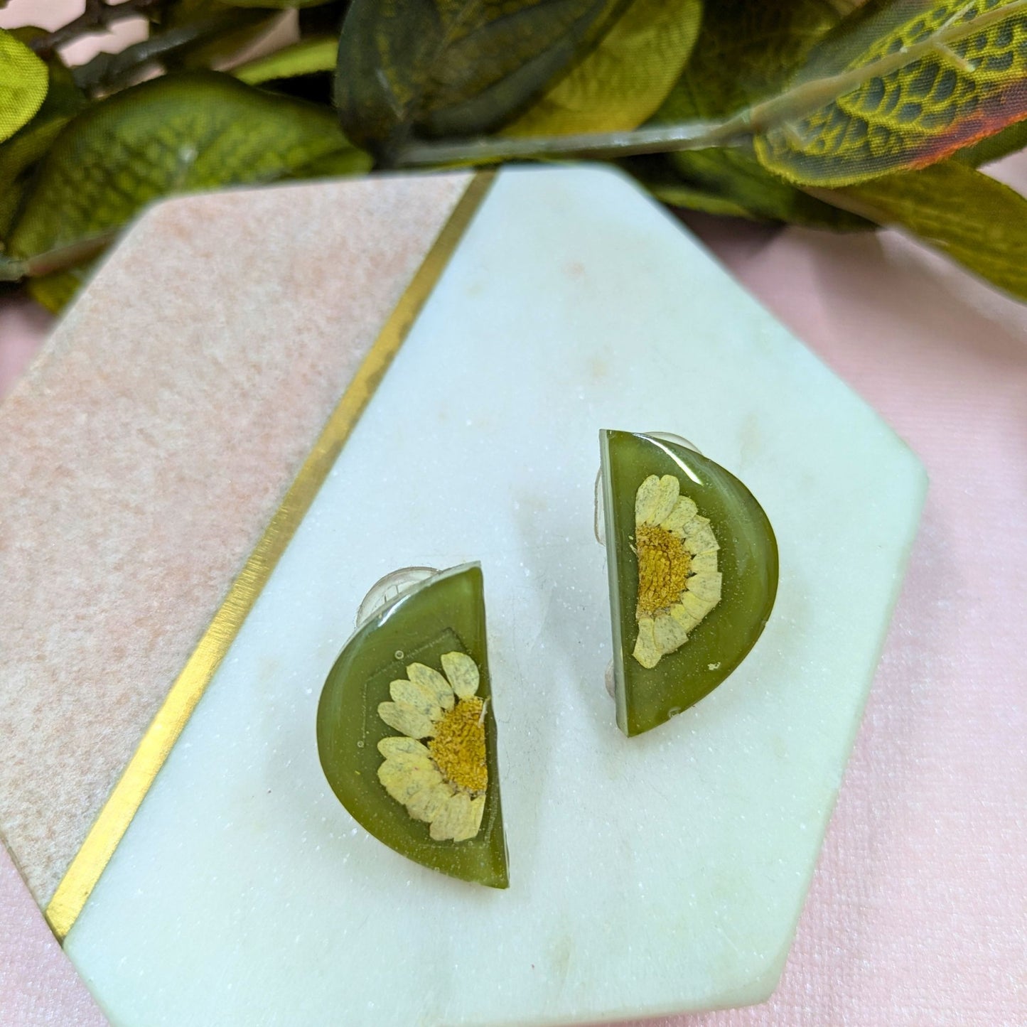 "Teresa" Real Flowers Yellow Daisy Semi Circle Khaki Resin Clip On Earrings
