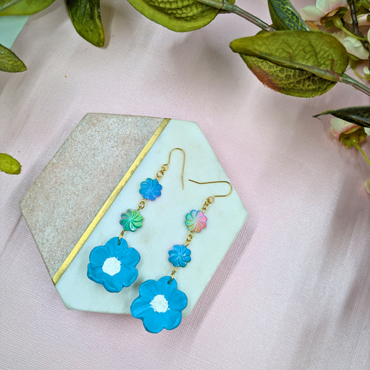 Elara Blue Flower Earrings | Handmade Polymer Clay with Recycled Beads | Gold Plated Hooks
