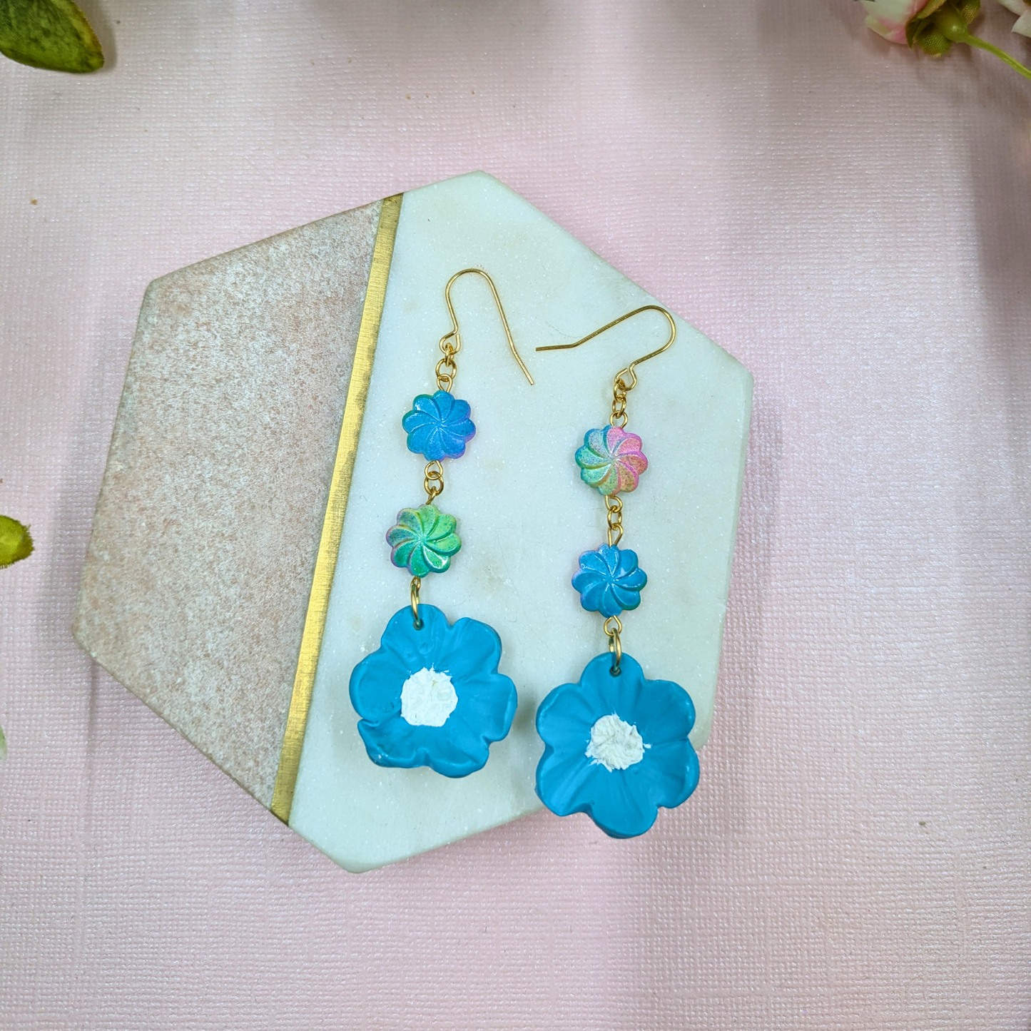Elara Blue Flower Earrings | Handmade Polymer Clay with Recycled Beads | Gold Plated Hooks