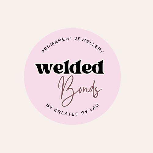 Welded Bonds Permanent Jewellery by Created By Lau Logo. Pink circle with the text Welded Bonds in the middle. Permanent Jewellery text is curved in the circle at the top and by Created by Lau text is curved underneath Welded Bonds.
