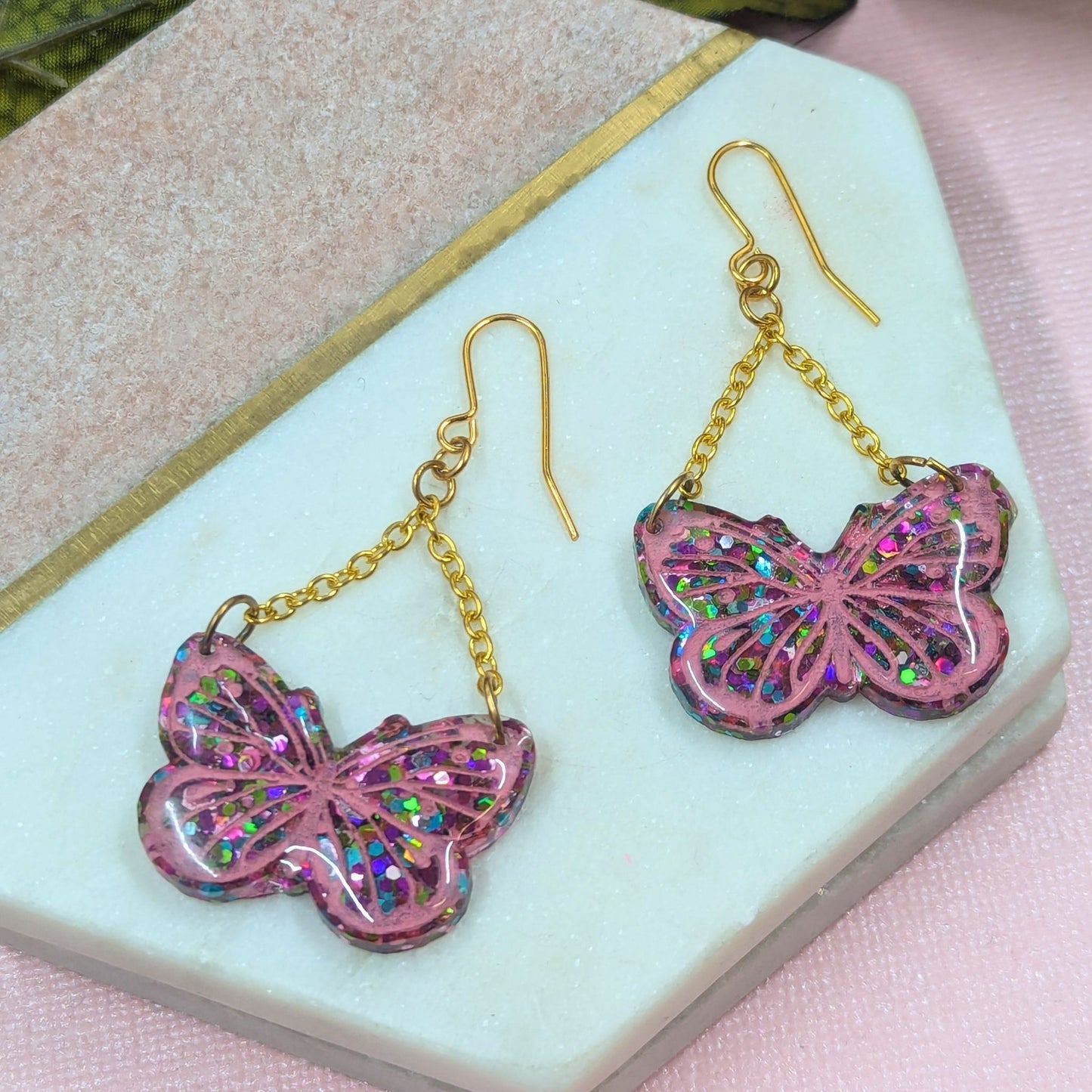 "Yara" Multi Colour Glitter Butterfly Resin Chain Dangle Earrings