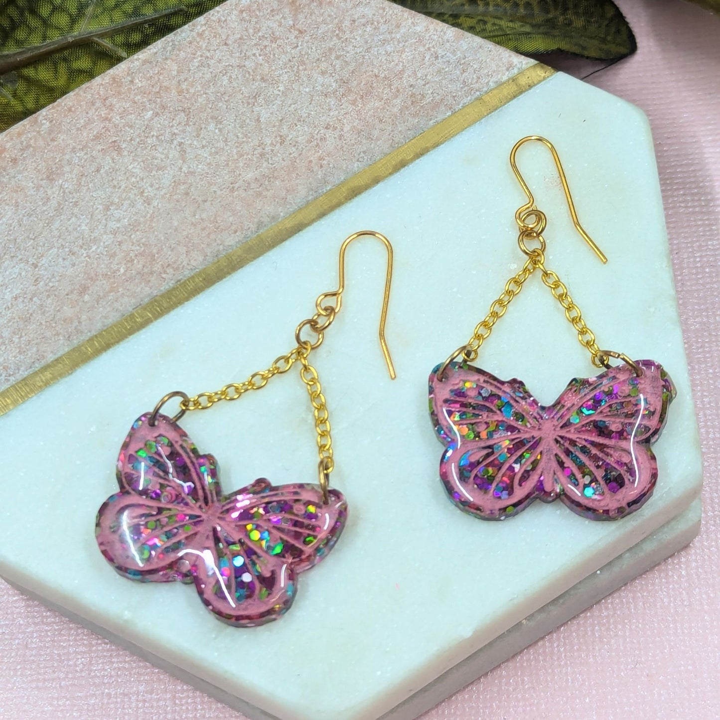 "Yara" Multi Colour Glitter Butterfly Resin Chain Dangle Earrings