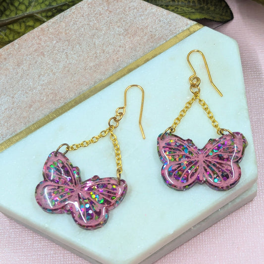 "Yara" Multi Colour Glitter Butterfly Resin Chain Dangle Earrings
