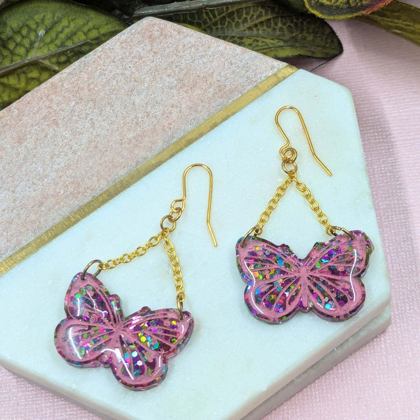 "Yara" Multi Colour Glitter Butterfly Resin Chain Dangle Earrings