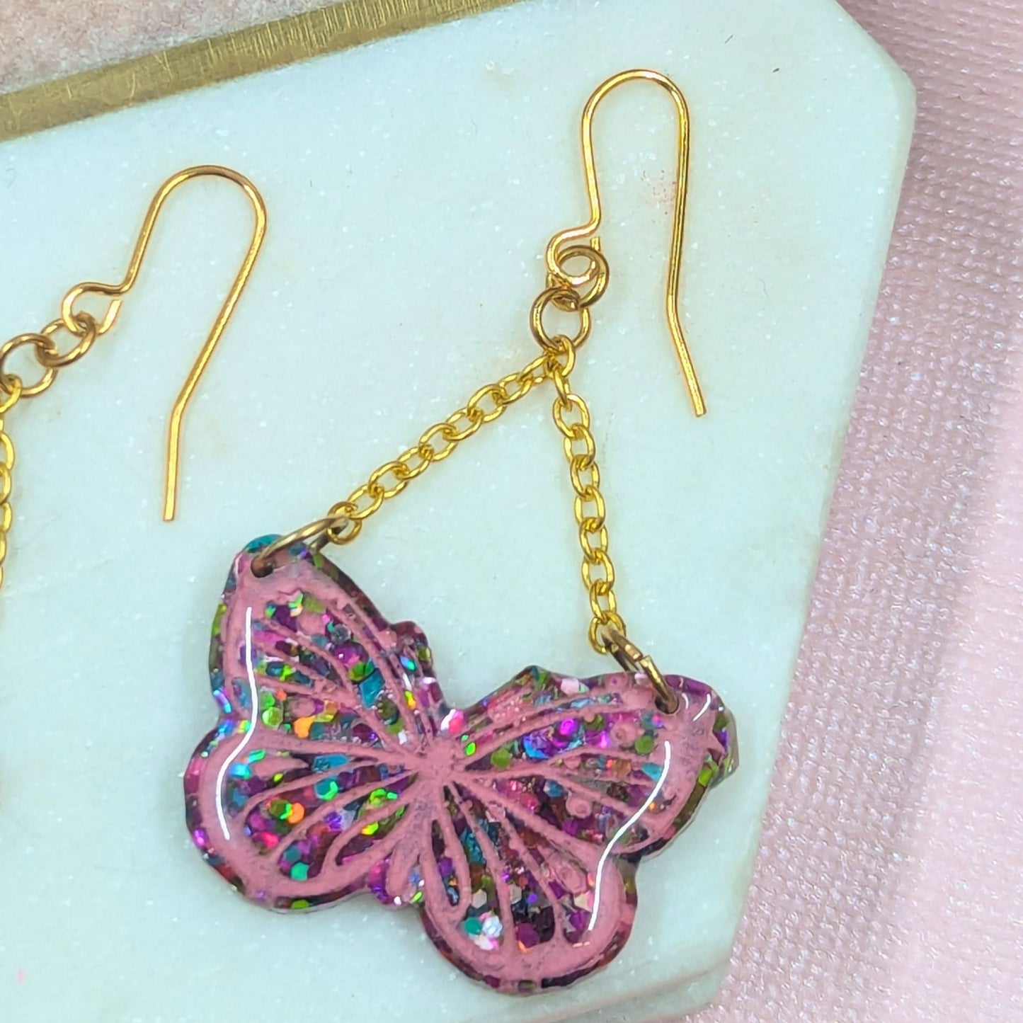 "Yara" Multi Colour Glitter Butterfly Resin Chain Dangle Earrings