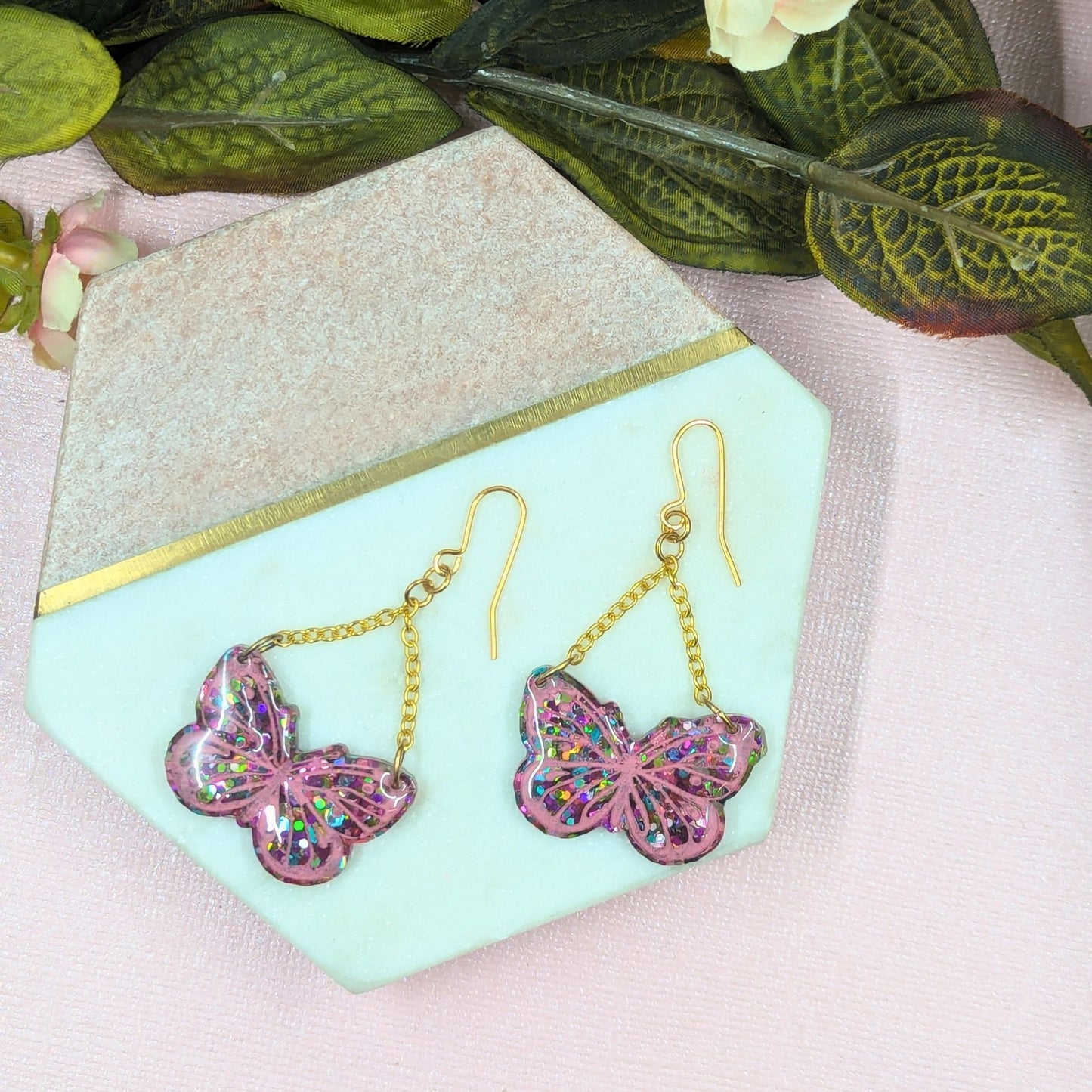 "Yara" Multi Colour Glitter Butterfly Resin Chain Dangle Earrings