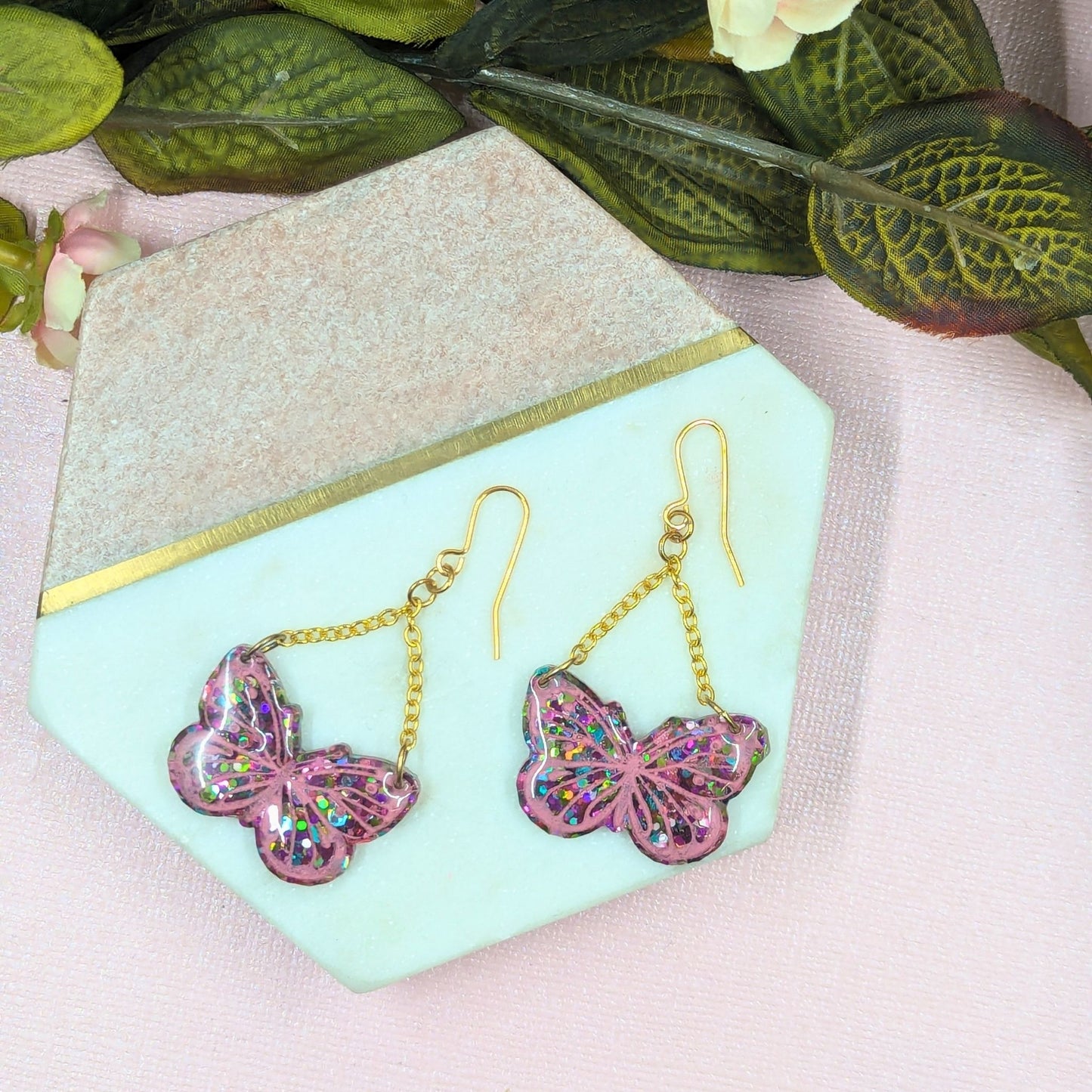 "Yara" Multi Colour Glitter Butterfly Resin Chain Dangle Earrings