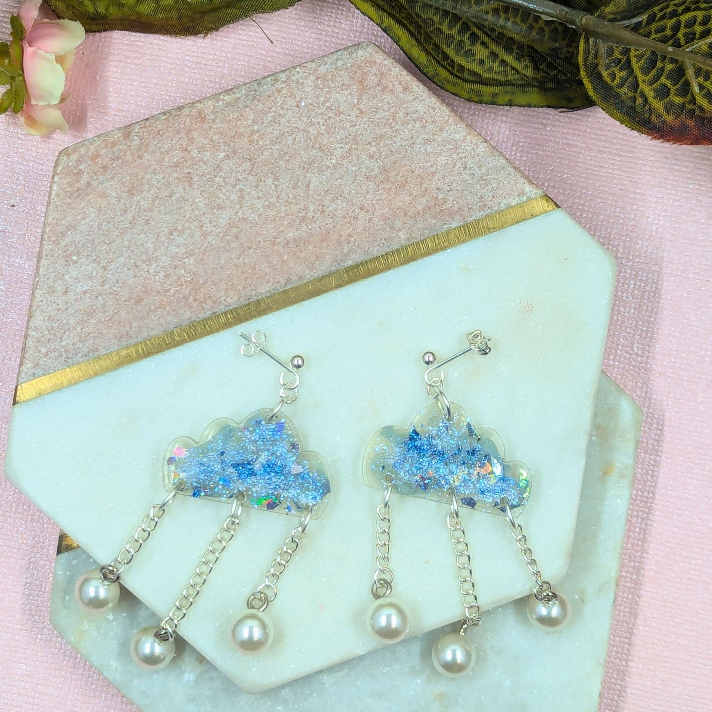 Ellora cloud shaped resin dangle earrings with pearl drops handmade in Yorkshire by Created By Lau
