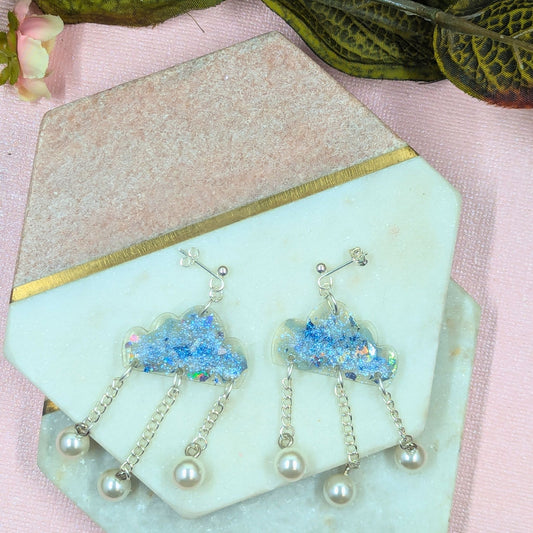 Ellora cloud shaped resin dangle earrings with pearl drops handmade in Yorkshire by Created By Lau