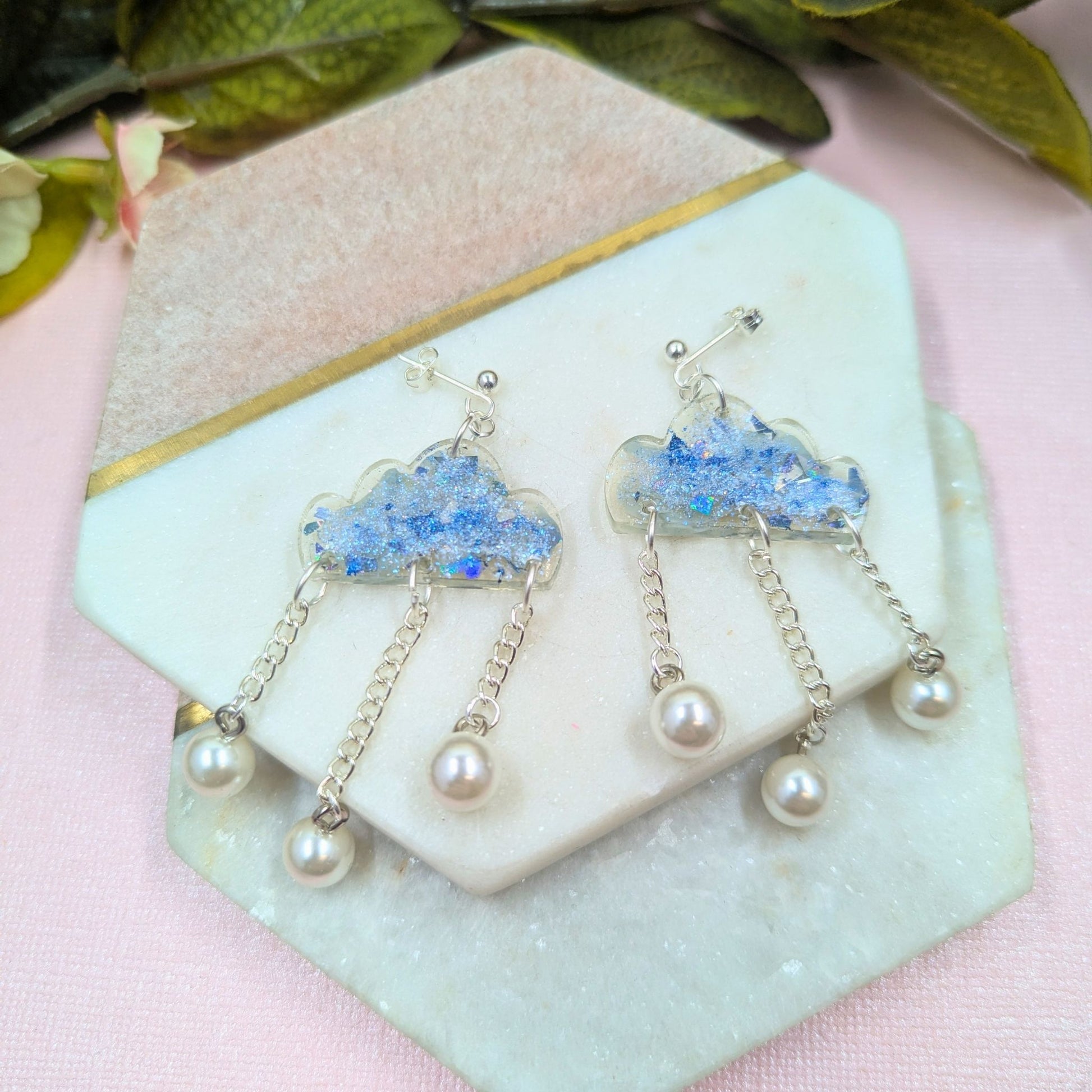 Cloud shaped resin earrings with delicate pearl drops and silver plated ball stud fastenings