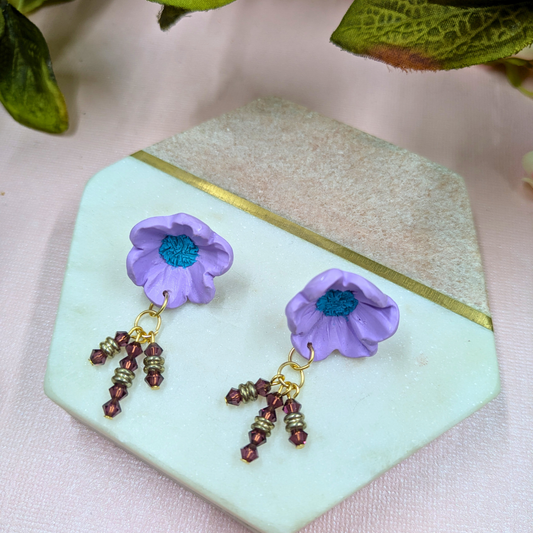 Recycled purple bead detail on Beatrix handmade sustainable earrings