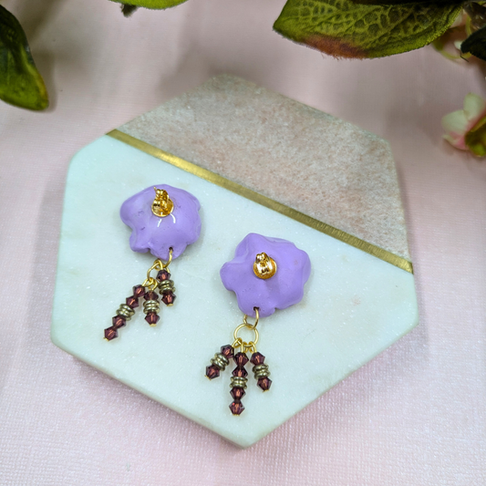 Beatrix purple flower statement earrings with triple dangle design with gold-plated studs