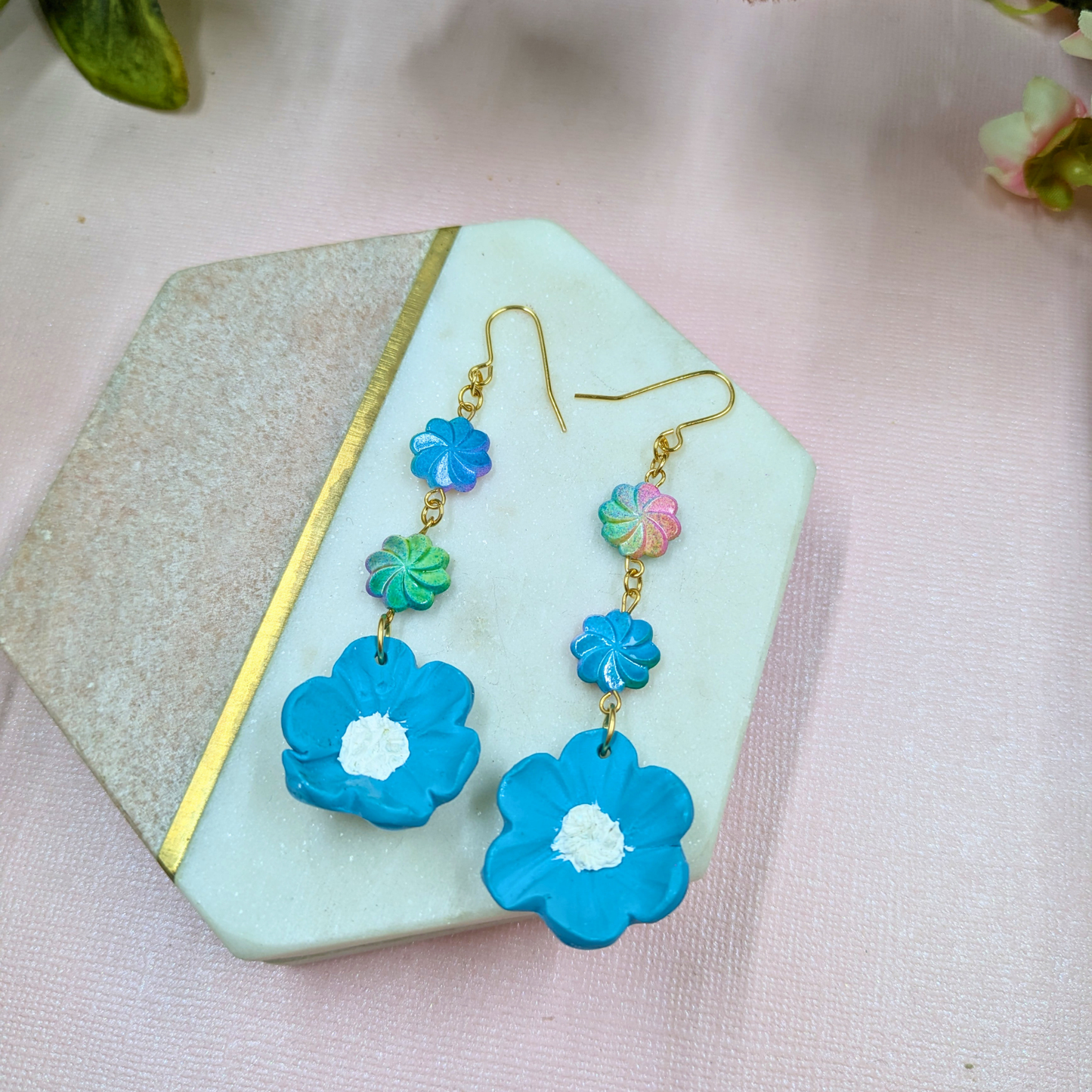 Elara Blue Flower Earrings | Handmade Polymer Clay with Recycled Beads | Gold Plated Hooks