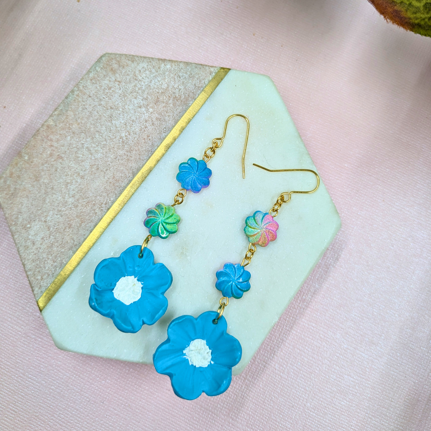 Elara Blue Flower Earrings | Handmade Polymer Clay with Recycled Beads | Gold Plated Hooks