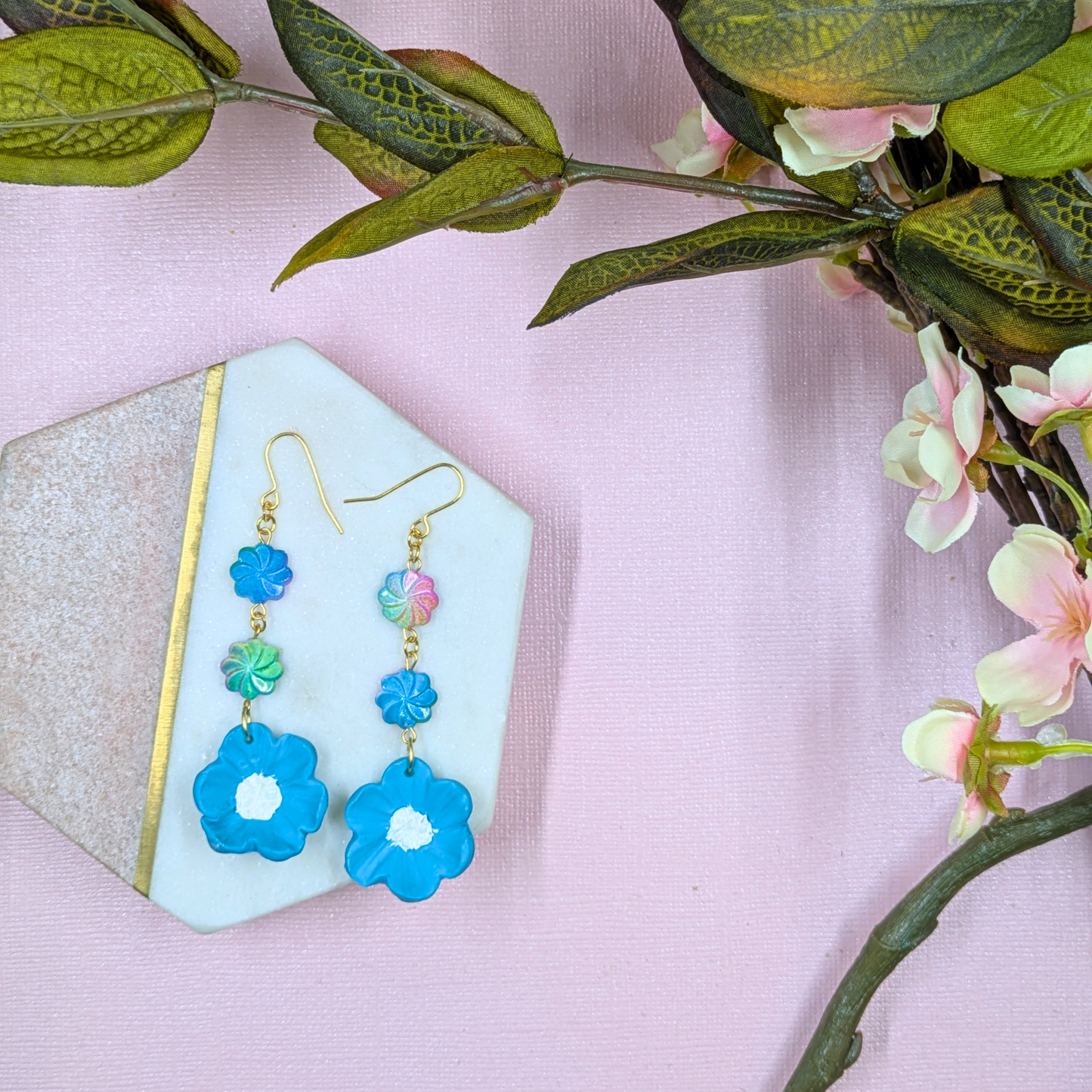 Elara Blue Flower Earrings | Handmade Polymer Clay with Recycled Beads | Gold Plated Hooks