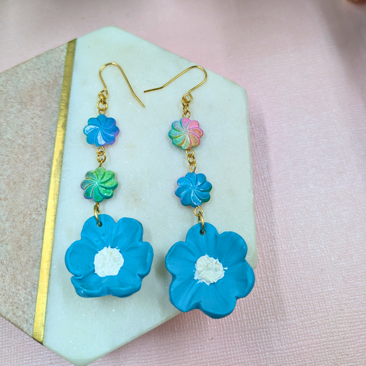 Elara Blue Flower Earrings | Handmade Polymer Clay with Recycled Beads | Gold Plated Hooks