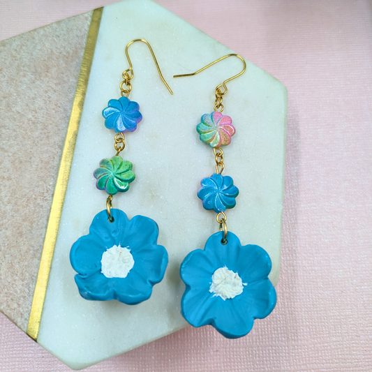 Elara Blue Flower Earrings | Handmade Polymer Clay with Recycled Beads | Gold Plated Hooks