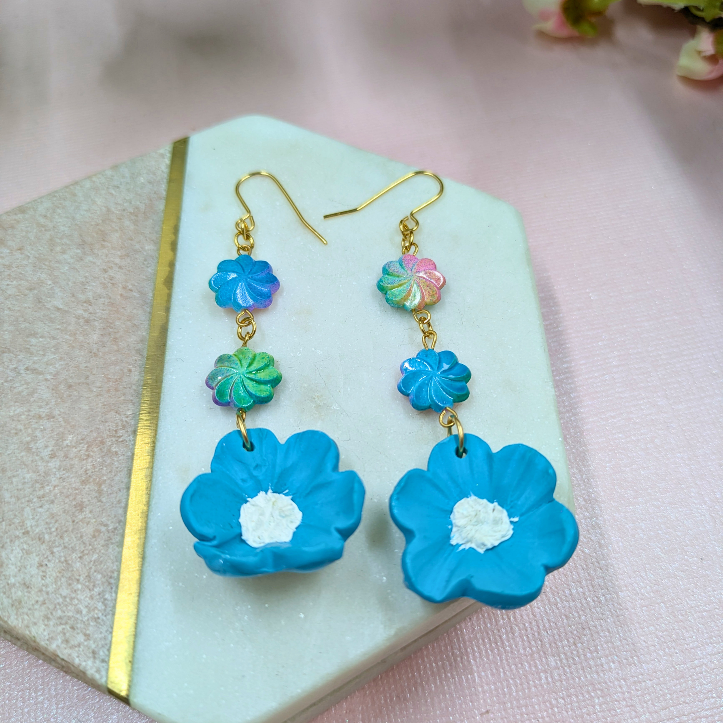 Elara Blue Flower Earrings | Handmade Polymer Clay with Recycled Beads | Gold Plated Hooks