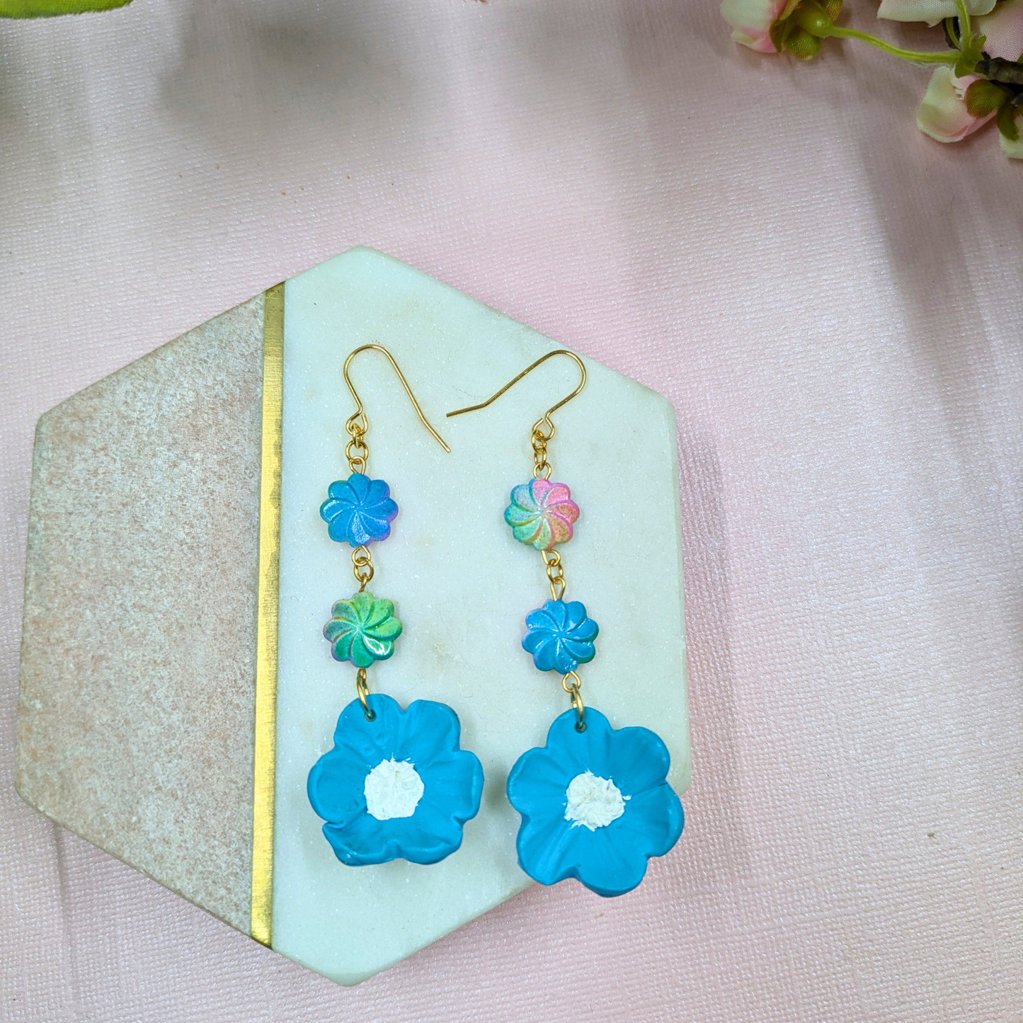 Elara Blue Flower Earrings | Handmade Polymer Clay with Recycled Beads | Gold Plated Hooks