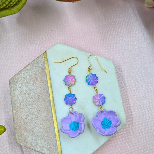 Elara Purple Flower Earrings | Handmade Polymer Clay with Recycled Beads | Gold Plated Hooks
