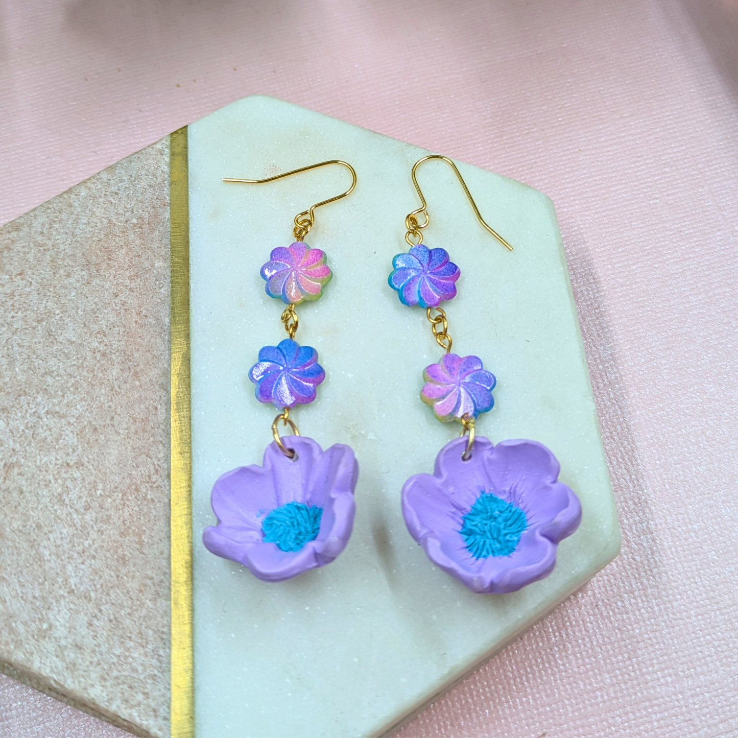 Elara Purple Flower Earrings | Handmade Polymer Clay with Recycled Beads | Gold Plated Hooks