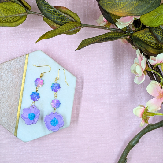 Elara Purple Flower Earrings | Handmade Polymer Clay with Recycled Beads | Gold Plated Hooks