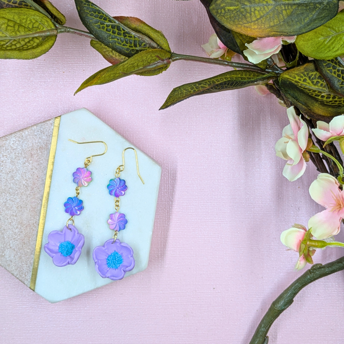 Elara Purple Flower Earrings | Handmade Polymer Clay with Recycled Beads | Gold Plated Hooks
