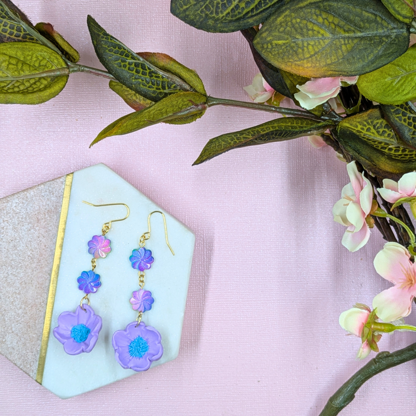 Elara Purple Flower Earrings | Handmade Polymer Clay with Recycled Beads | Gold Plated Hooks