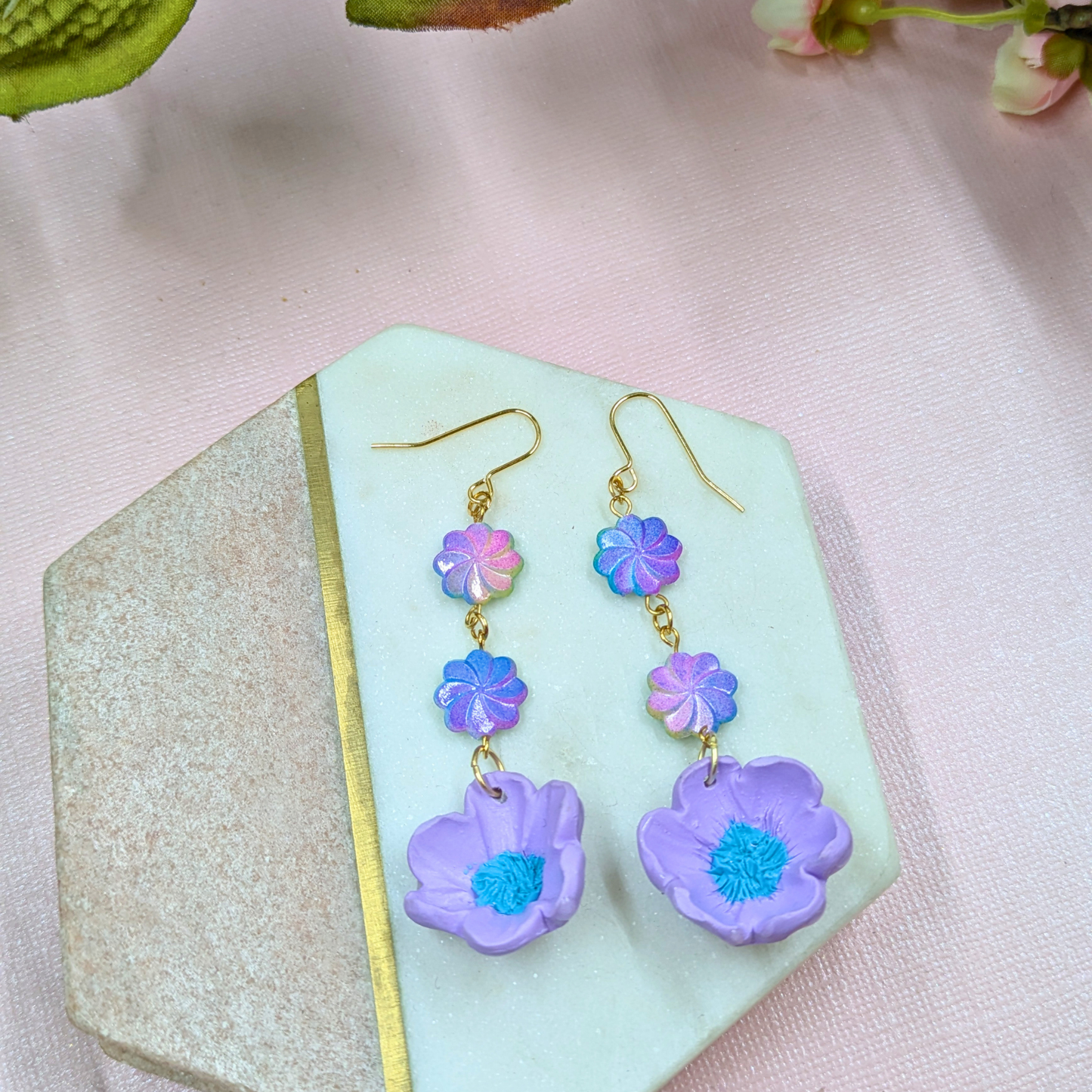 Elara Purple Flower Earrings | Handmade Polymer Clay with Recycled Beads | Gold Plated Hooks