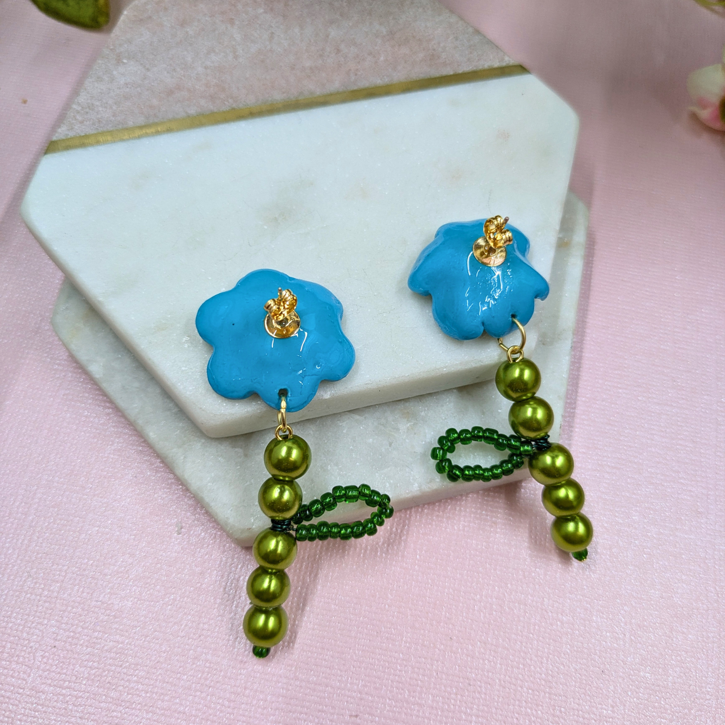 back of Fern earrings styled with casual outfit showing sustainable handmade jewellery