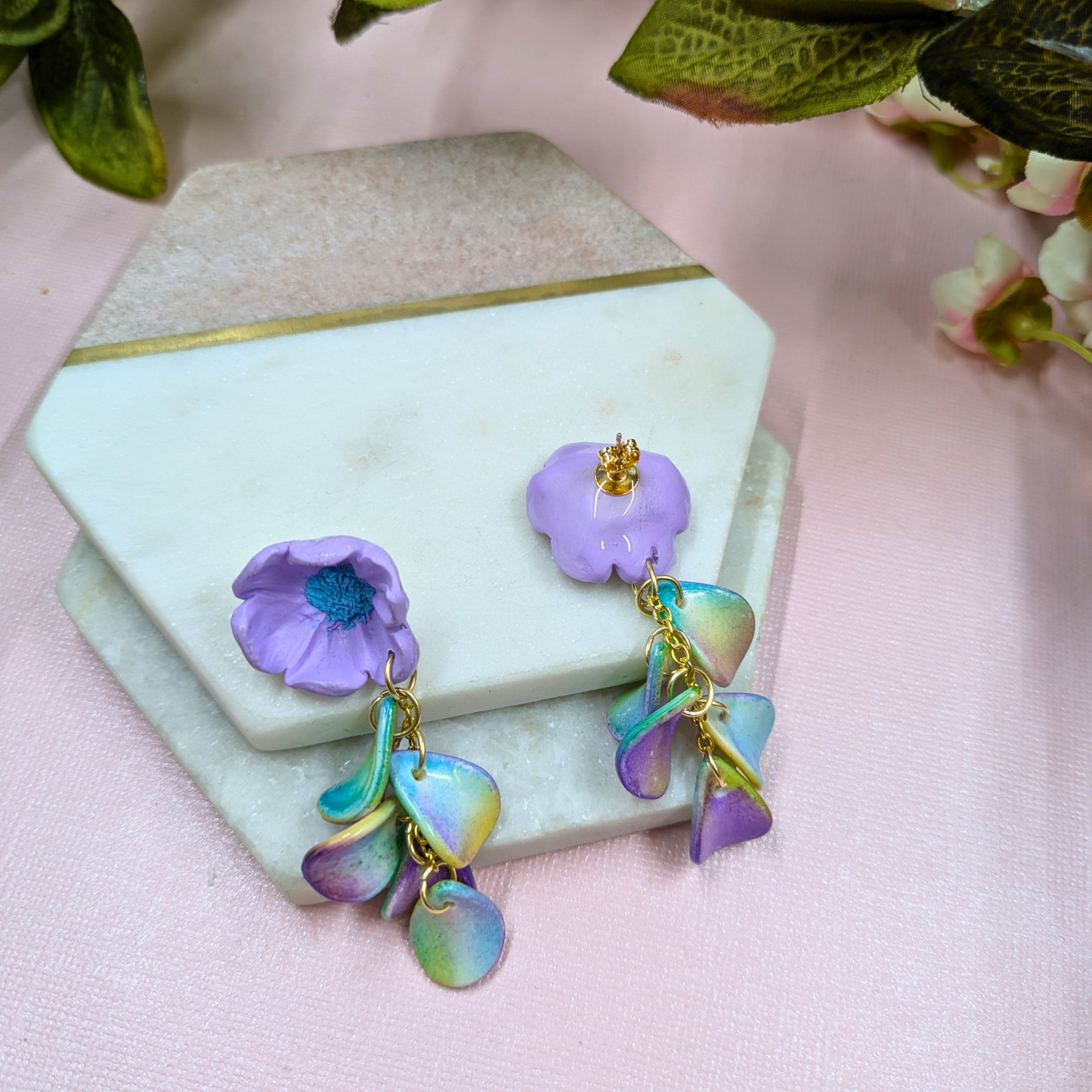 Seraphina Purple Flower Earrings | Recycled Petal Beads | Silver Plated Dangle