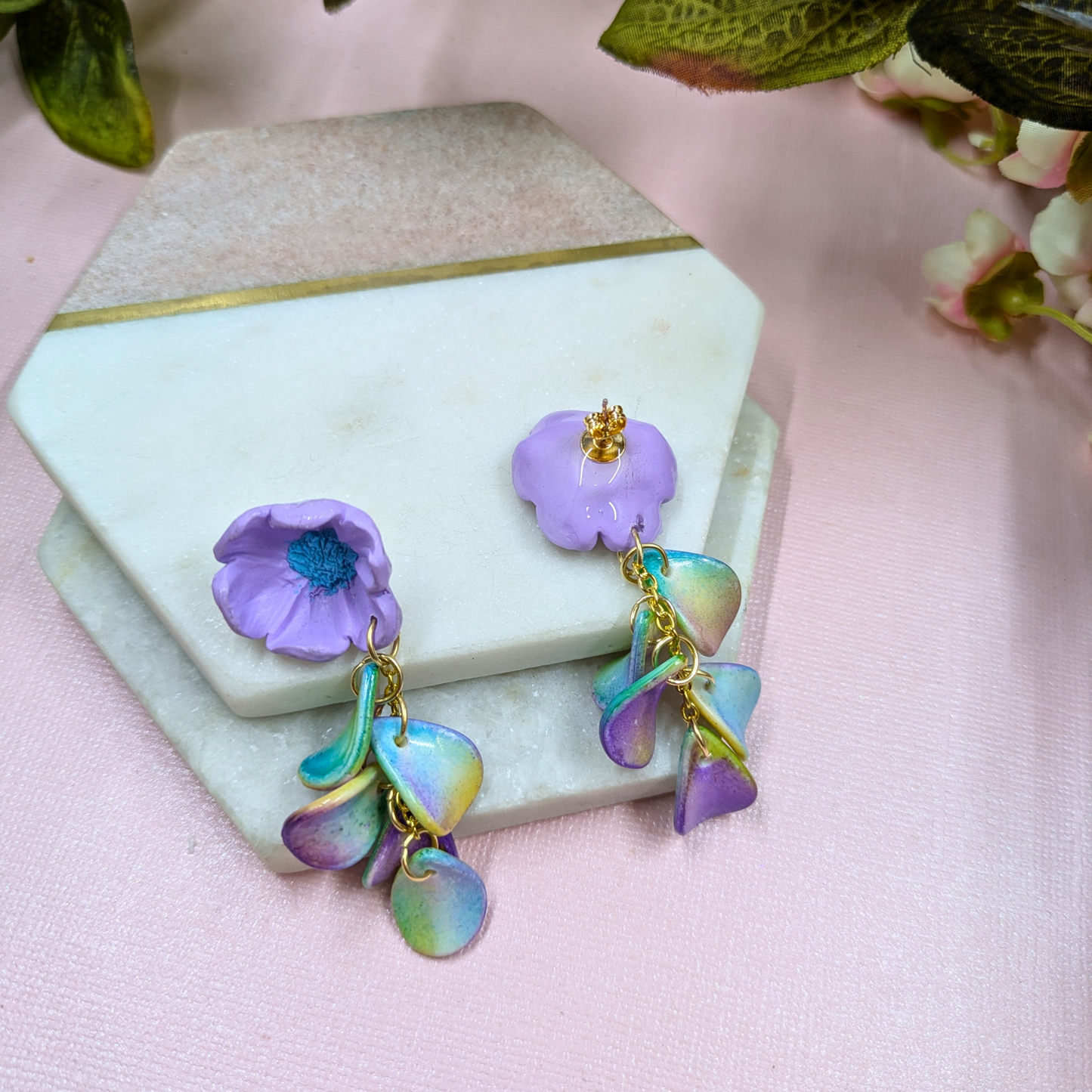 Seraphina Purple Flower Earrings | Recycled Petal Beads | Silver Plated Dangle