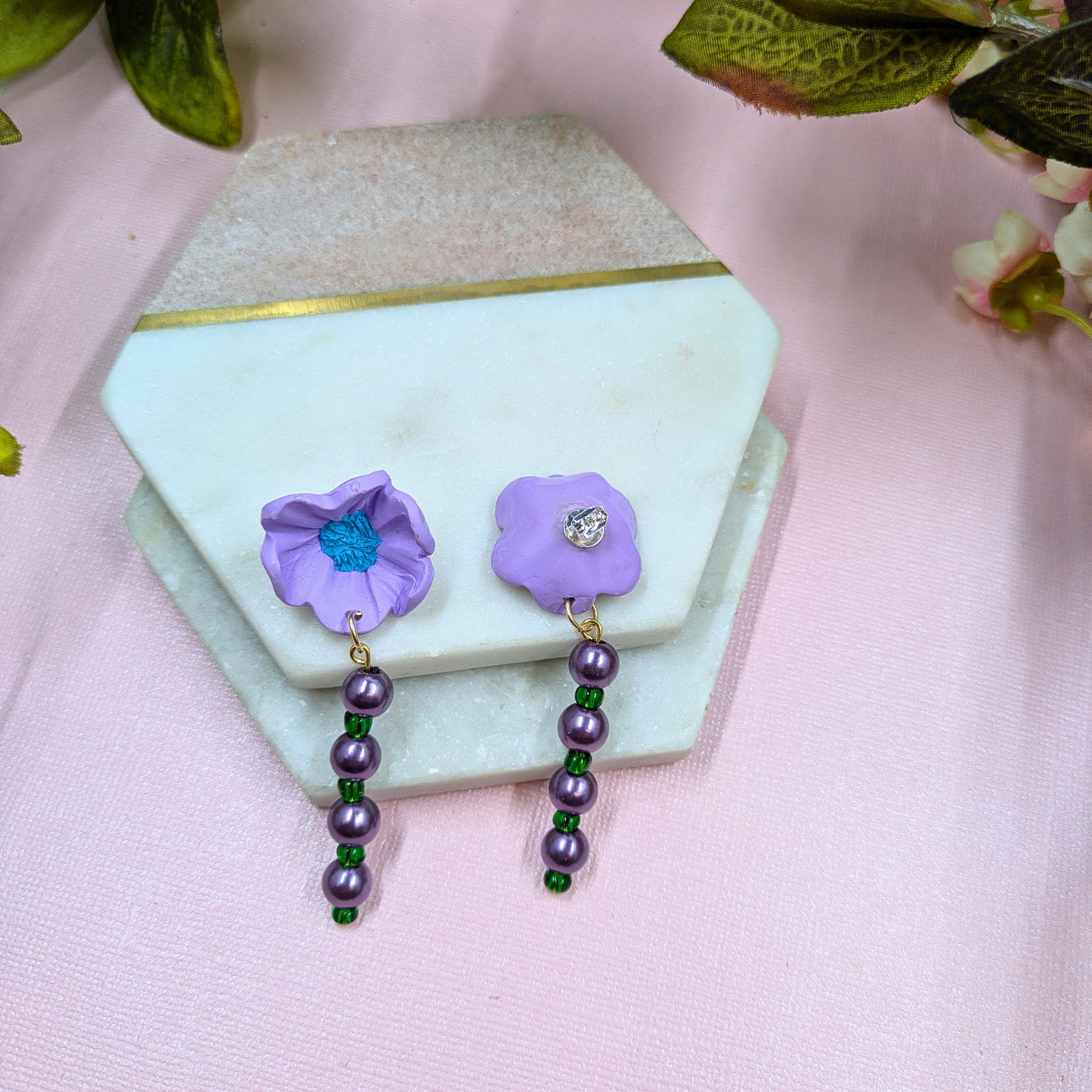 Charm dangle design on Sylvie purple flower earrings silver plated