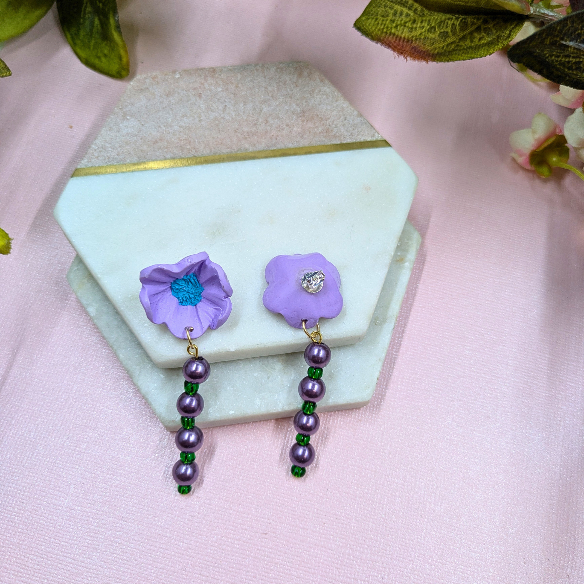 Charm dangle design on Sylvie purple flower earrings silver plated