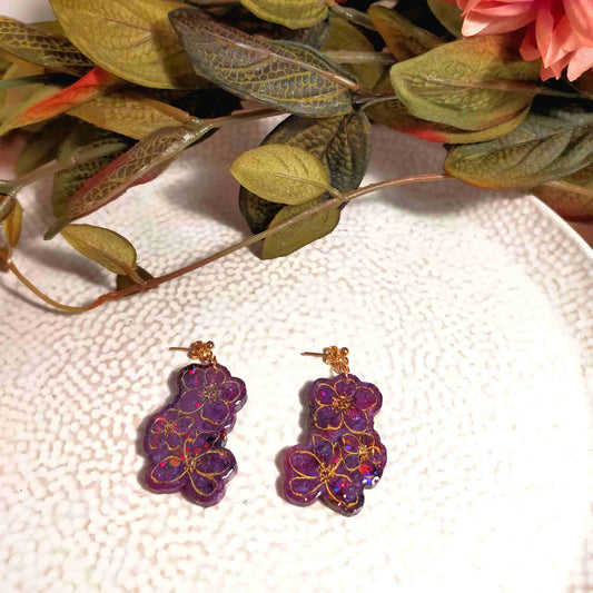 "Sakura" Purple Glitter Cherry Blossom Statement Earrings