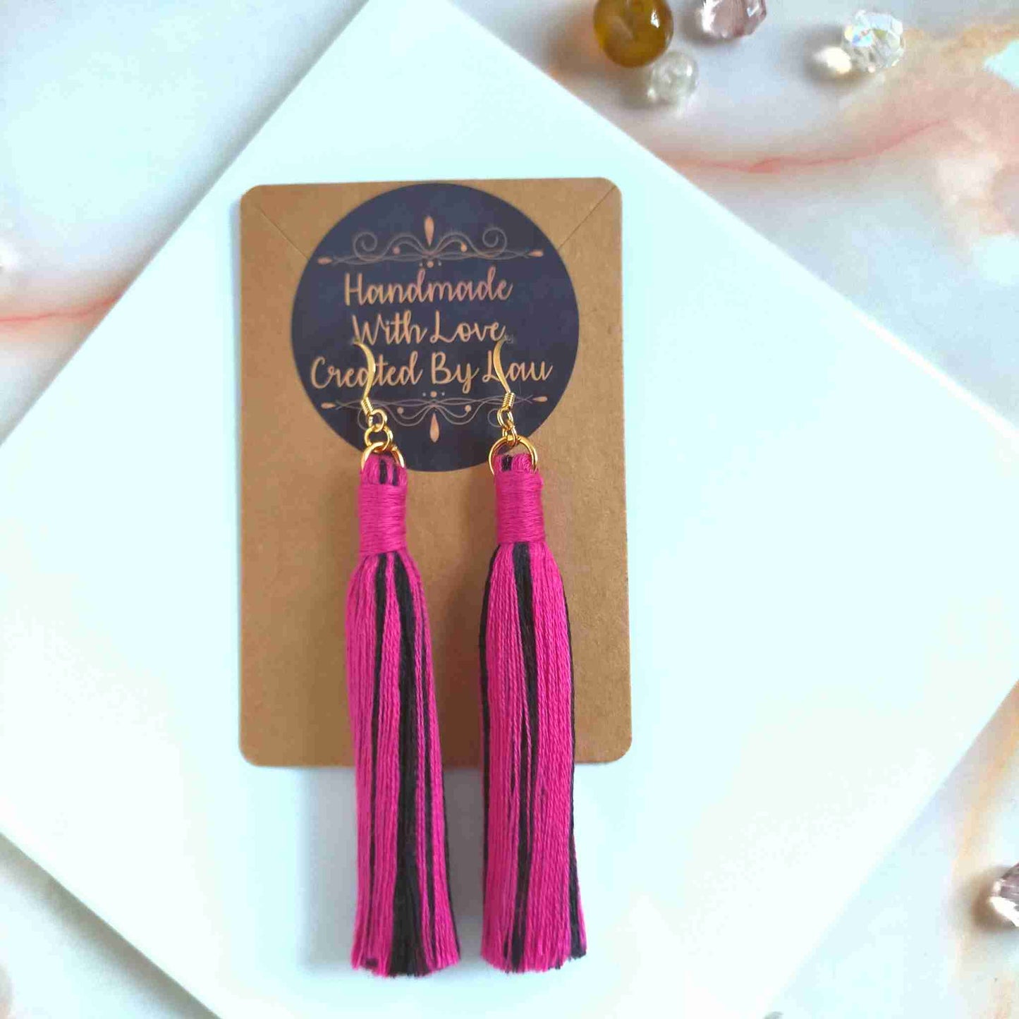 "Aurora Maxi" Black & Fuchsia Pink Cotton Macramé Tassel Earrings