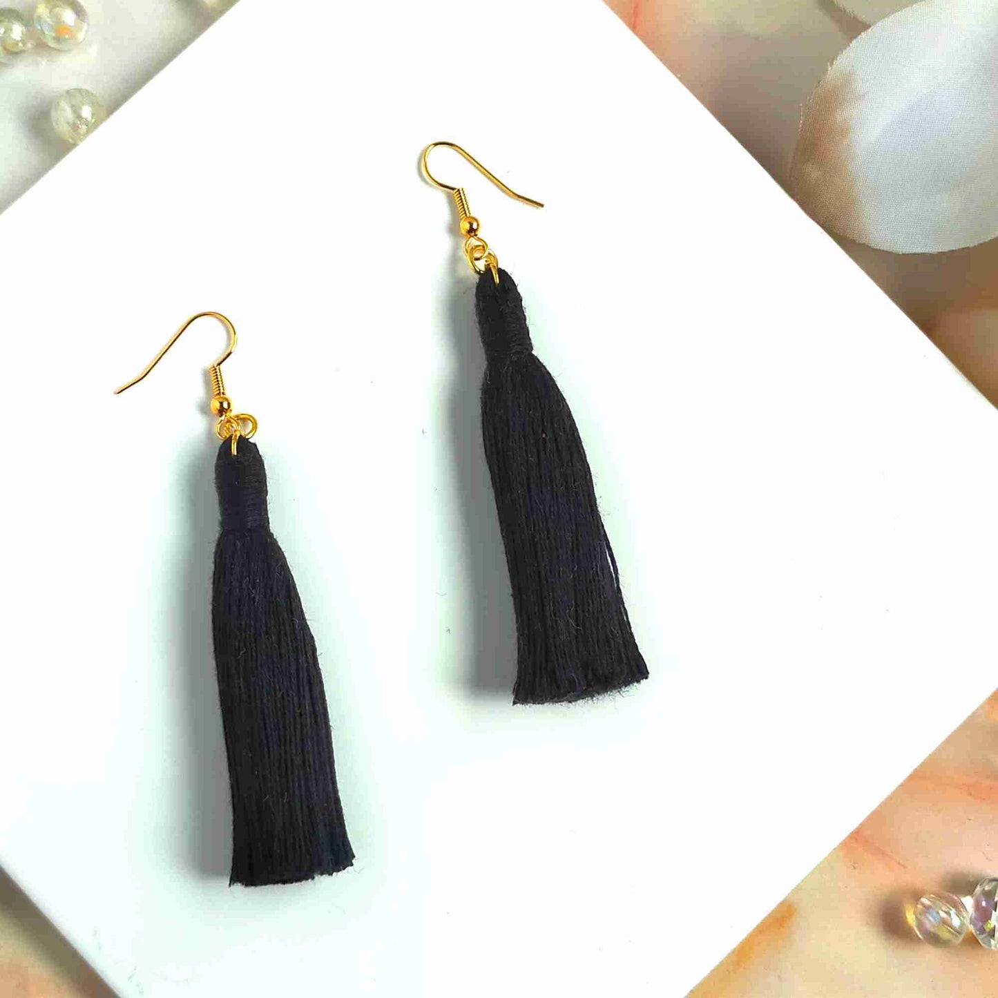 "Lia" Black Gold Plated Macrame Tassel Earrings