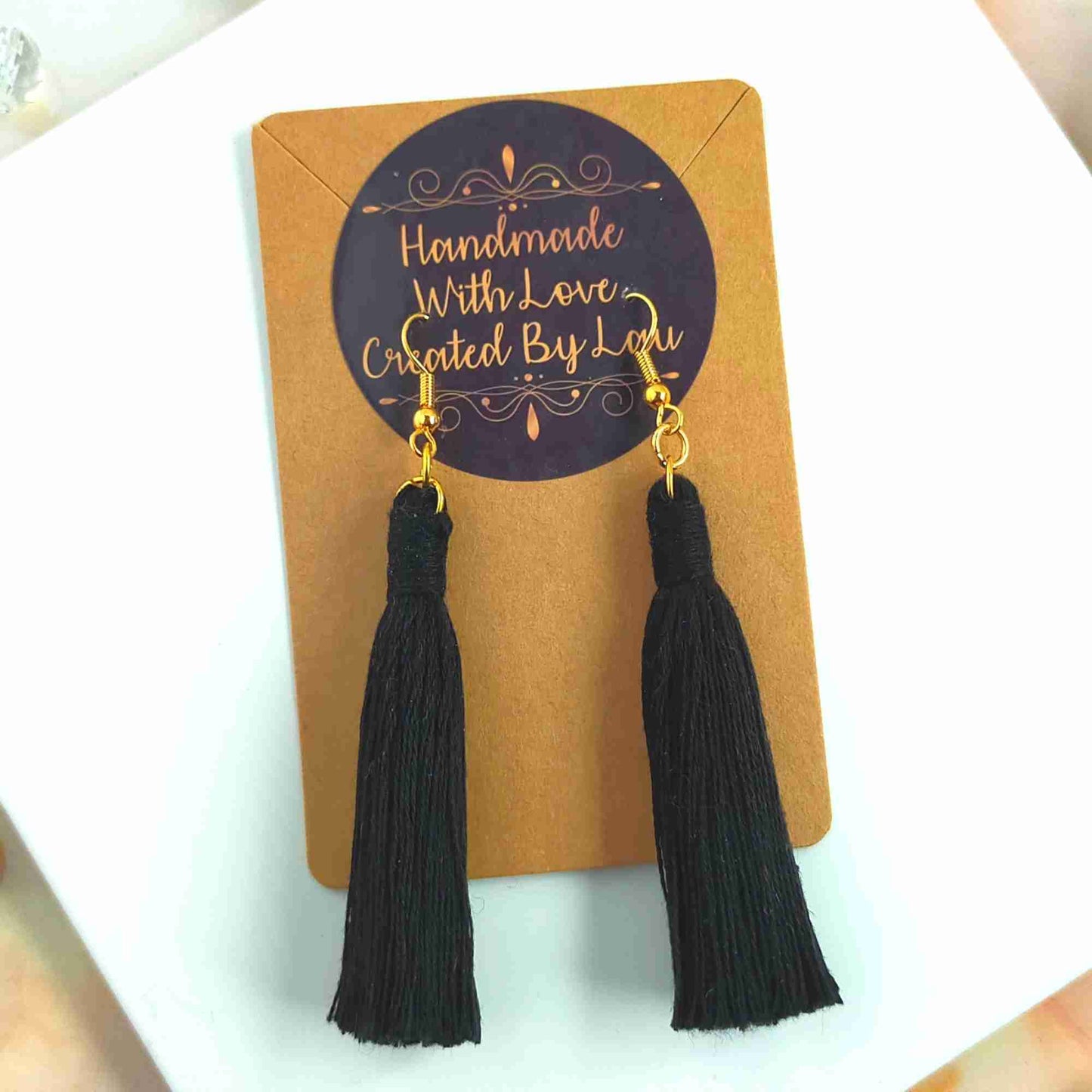 "Lia" Black Gold Plated Macrame Tassel Earrings