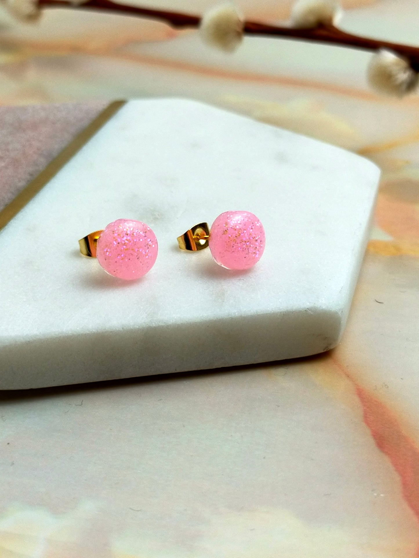 "Bridget" Bright Pink Glitter Coloured Small Resin Stud Earrings