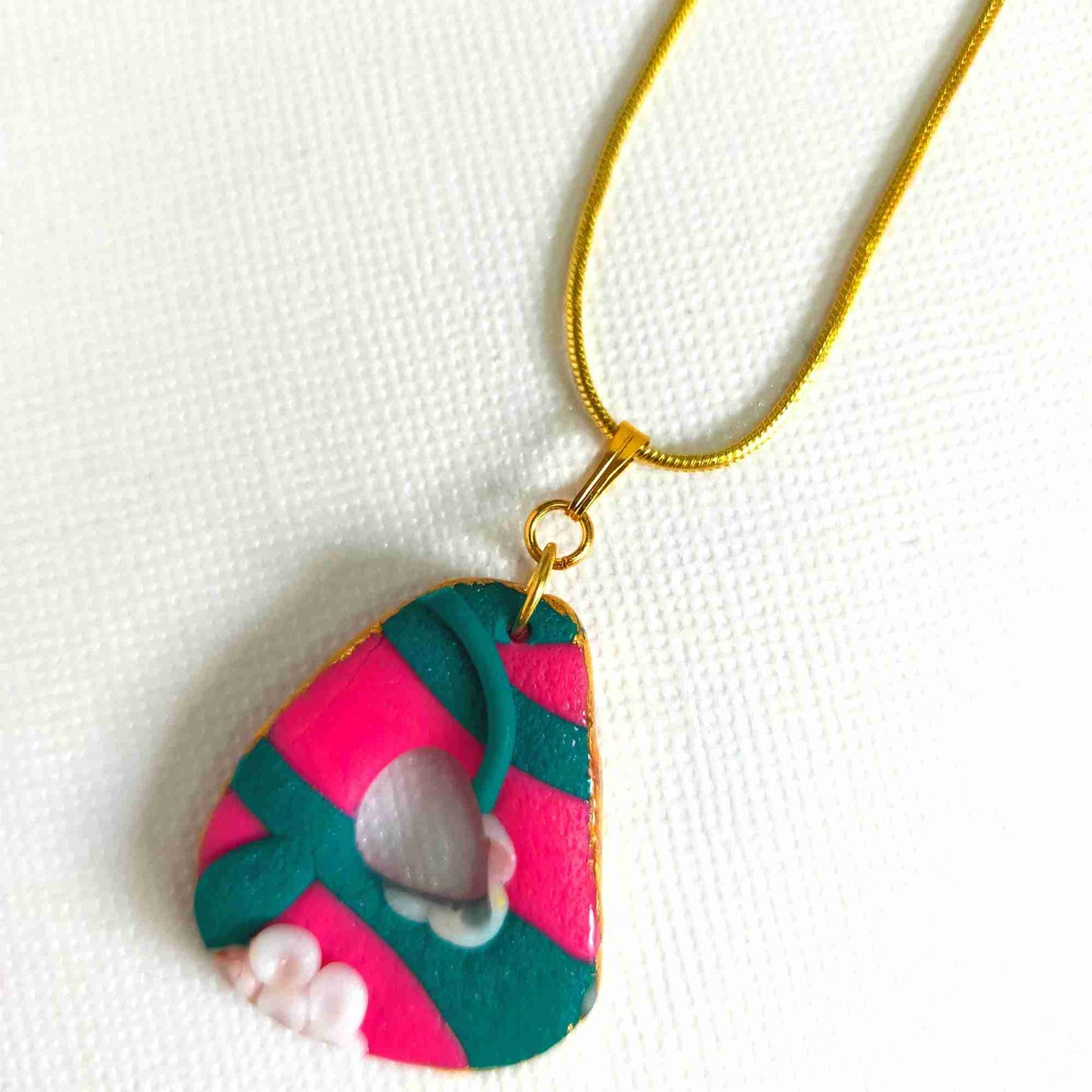 "Della" Pink Flower Slab Polymer Clay Pendant Necklace