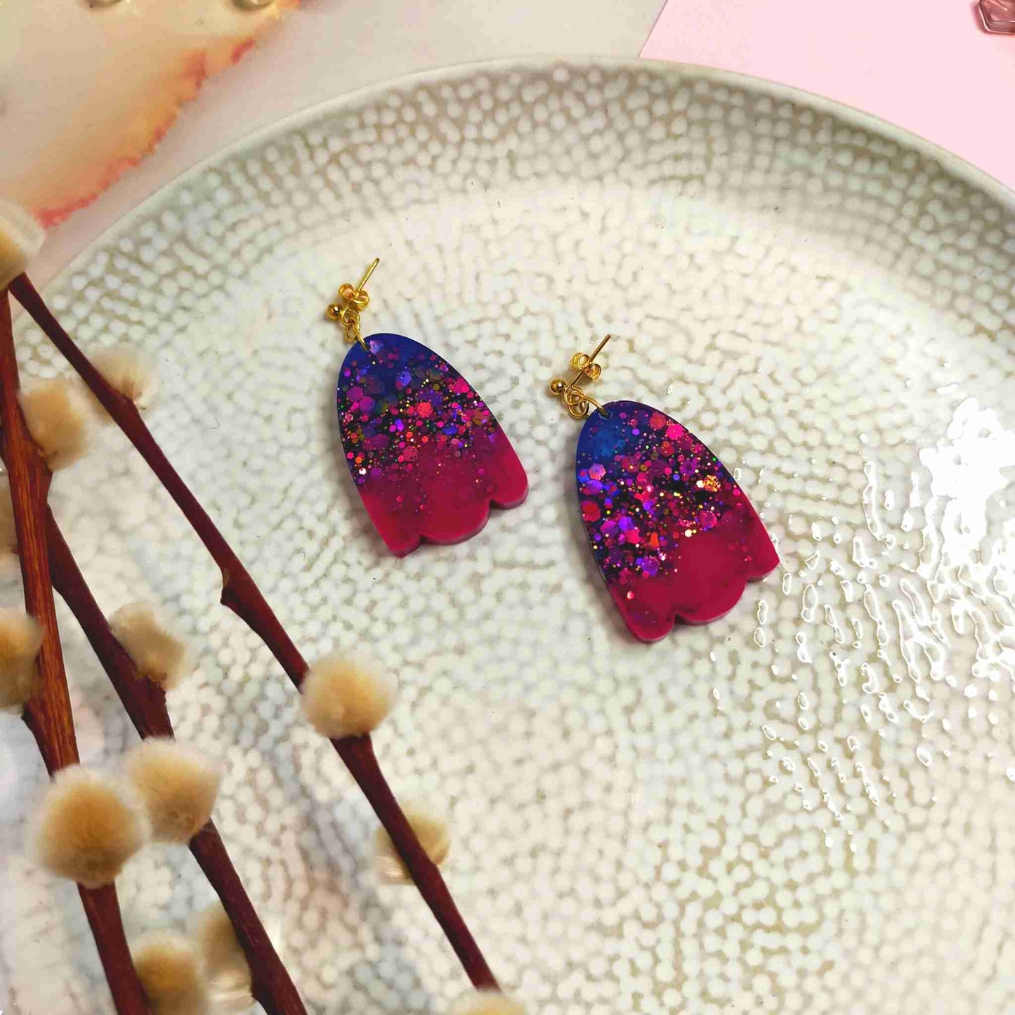 "Esme" Oval Wave Pink & Blue Resin Dangle Earrings