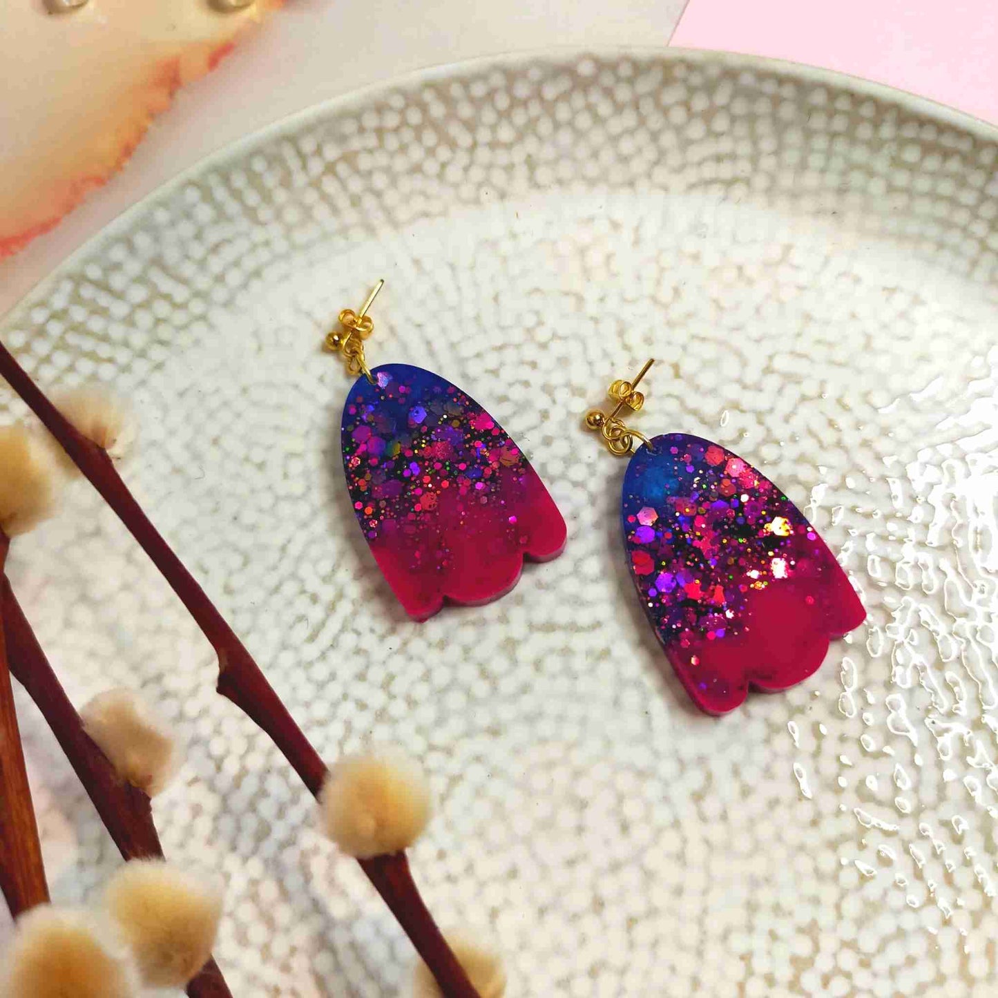 "Esme" Oval Wave Pink & Blue Resin Dangle Earrings