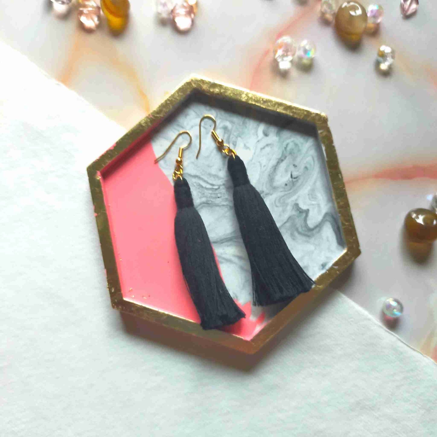 "Flint" Jesmonite Pink Colour Block, Marble & Gold Leaf Hexagon Jewellery Trinket Tray