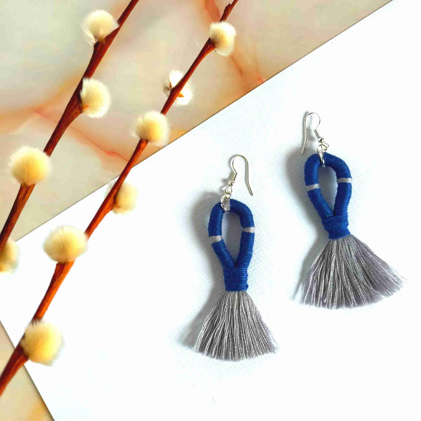 "Juliet" Demin Blue & Grey Loop Tassel Earrings