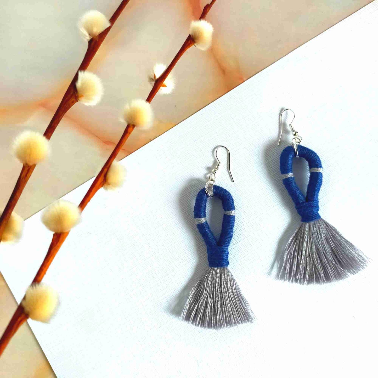 "Juliet" Demin Blue & Grey Loop Tassel Earrings